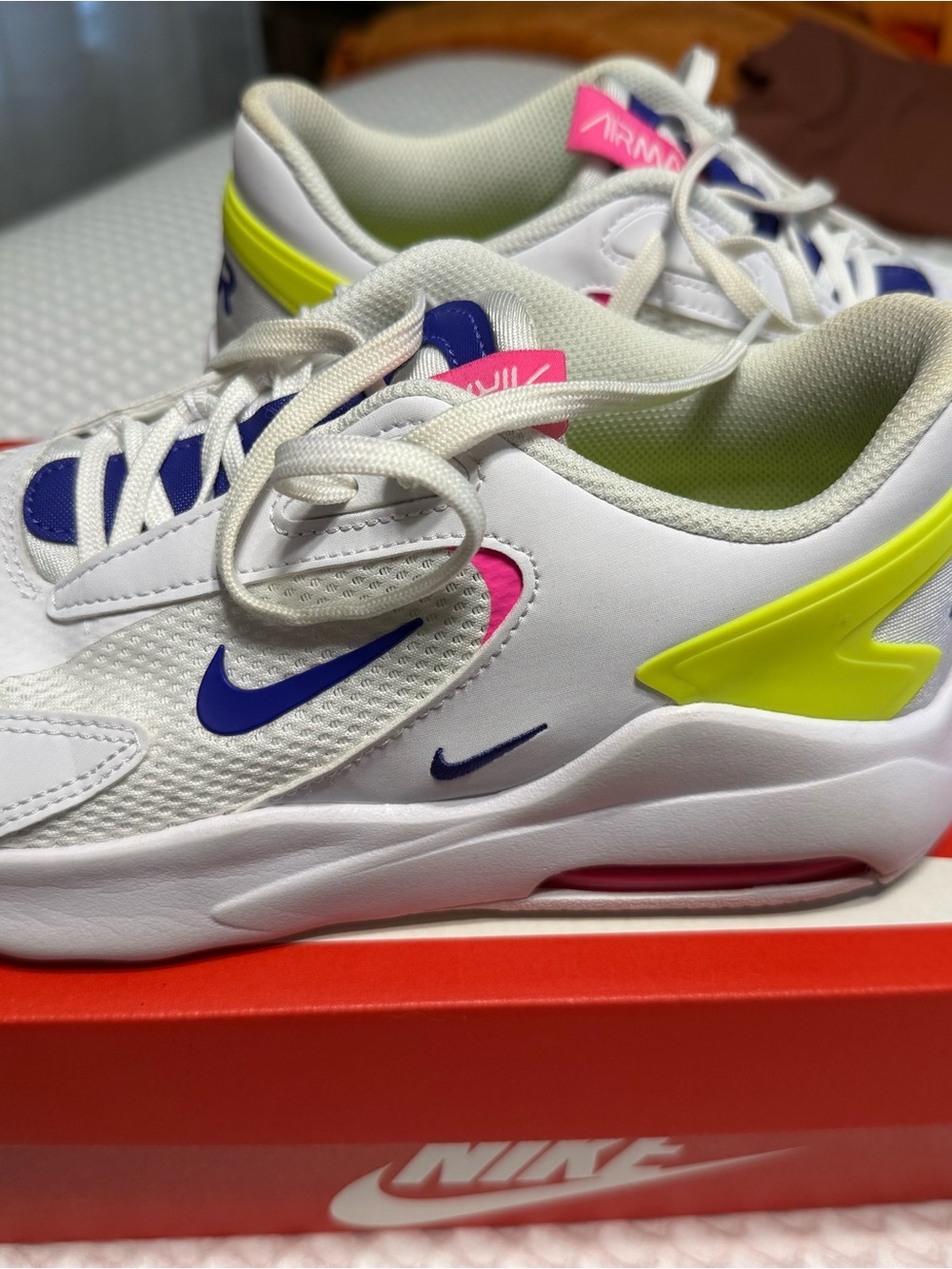 Nike White Sneakers with Purple, Pink & Neon Yellow Accents